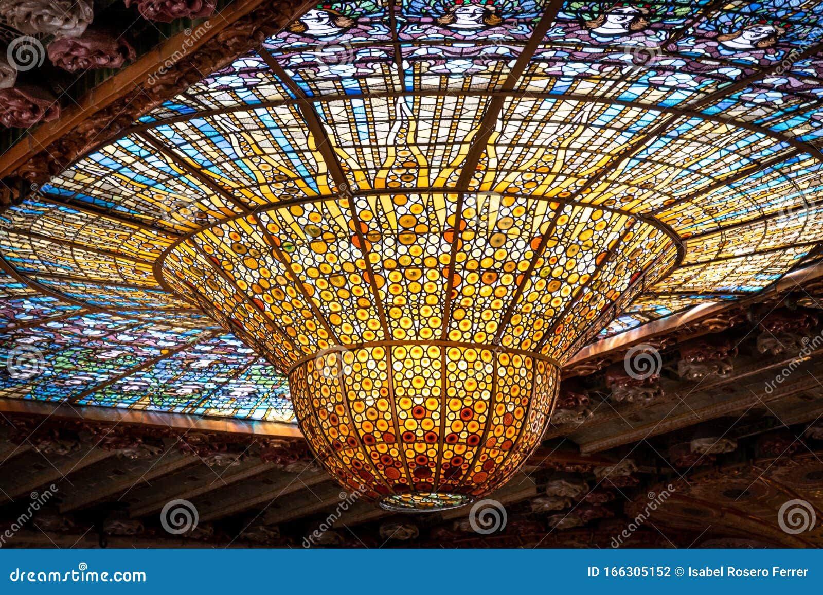 stained-glass inverted dome of the palau de la musica catalana, concert hall by lluis domenech i montaner. barcelona, catalonia.